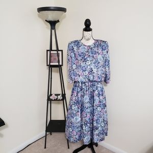 VTG 80s MCS Ltd Light Blue Floral Dress 16WP